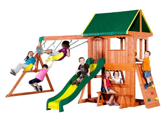 large wooden swing set