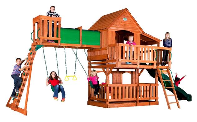 wooden swing and slide set